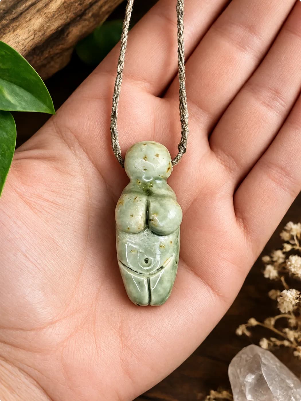 A ceramic Dea Madre pendant in the palm of a hand